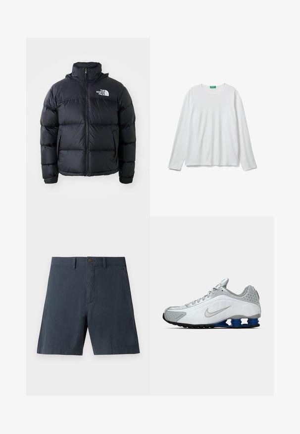 Black puffer jacket with zip closure, padded sections, high collar, and The North Face logo on the upper left. Smooth texture, no visible patterns.; Plain white long-sleeve crewneck shirt with a green tag at the neckline, laid flat on a white background.; Navy blue shorts made of cotton blend fabric, featuring a button closure, side pockets, and a straight-leg design.; White and gray Nike running shoe with silver swoosh, blue spring-like sole units, and black tread on a plain background.
