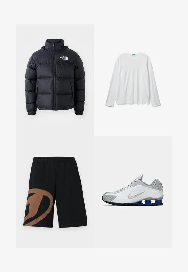 Czarna kurtka puchowa z zamkiem błyskawicznym, wypełnionymi sekcjami, wysokim kołnierzem i logo The North Face na górze po lewej stronie. Gładka faktura, bez widocznych wzorów.; Biała, długa koszulka z okrągłym dekoltem z długim rękawem, z zieloną metką przy dekolcie, ułożona płasko na białym tle.; Czarne szorty z elastyczną talią, z dużym brązowym abstrakcyjnym wzorem na lewej nogawce oraz kieszeniami po bokach.; Białe i szare buty do biegania Nike z srebrnym logo, niebieskimi, sprężynowymi podeszwami oraz czarnym bieżnikiem na jednolitym tle.