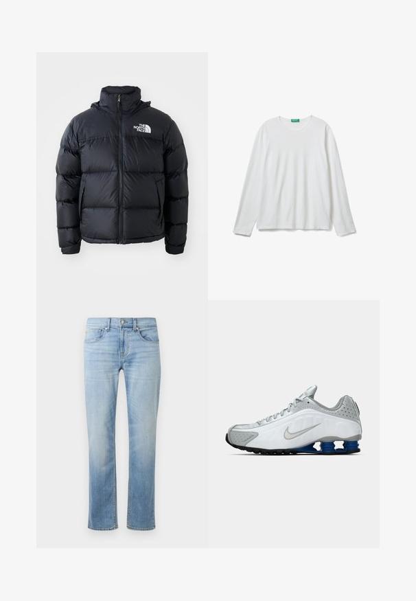 Zwarte pufferjack met ritssluiting, gewatteerde secties, hoge kraag en het North Face-logo op de bovenste linkerzijde. Gladde textuur, geen zichtbare patronen.; Effen witte lange mouwen crewneck shirt met een groene label bij de hals, plat gelegd op een witte achtergrond.; Lichtblauwe denim jeans met een rechte pasvorm, vijf zakken, zichtbare stiksels en een vervaagde afwerking nabij de dijen en knieën.; Witte en grijze Nike hardloopschoen met zilveren swoosh, blauwe veerachtige zoolunits en zwarte loopvlakken op een effen achtergrond.