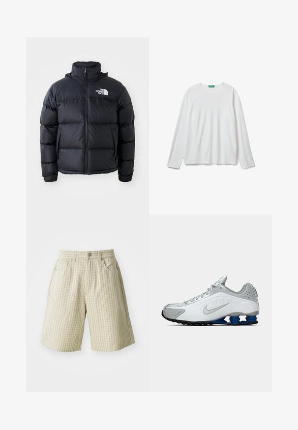 Czarna kurtka puchowa z zamkiem błyskawicznym, wypełnionymi sekcjami, wysokim kołnierzem i logo The North Face na górze po lewej stronie. Gładka faktura, bez widocznych wzorów.; Biała, długa koszulka z okrągłym dekoltem z długim rękawem, z zieloną metką przy dekolcie, ułożona płasko na białym tle.; Beżowe szorty w kratę wykonane z lekkiego materiału, z dwoma bocznymi kieszeniami, zapięciem na guzik i luźnym krojem.; Białe i szare buty do biegania Nike z srebrnym logo, niebieskimi, sprężynowymi podeszwami oraz czarnym bieżnikiem na jednolitym tle.