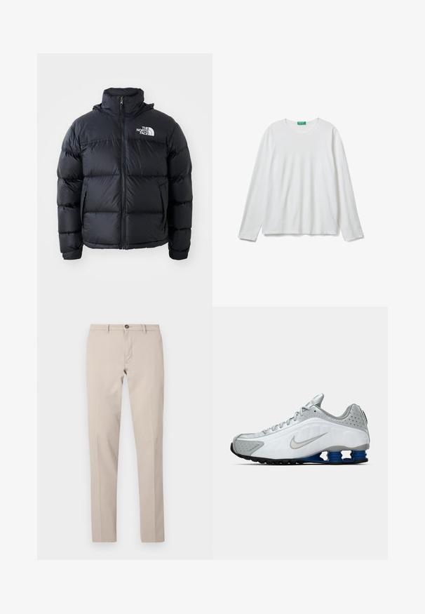 Zwarte pufferjack met ritssluiting, gewatteerde secties, hoge kraag en het North Face-logo op de bovenste linkerzijde. Gladde textuur, geen zichtbare patronen.; Effen witte lange mouwen crewneck shirt met een groene label bij de hals, plat gelegd op een witte achtergrond.; Beige slim-fit broek met riemlussen, knoopsluiting en rits aan de voorkant, plat liggend afgebeeld tegen een witte achtergrond.; Witte en grijze Nike hardloopschoen met zilveren swoosh, blauwe veerachtige zoolunits en zwarte loopvlakken op een effen achtergrond.