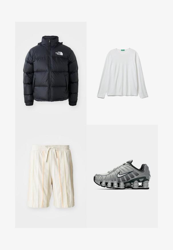 Czarna kurtka puchowa z zamkiem błyskawicznym, wypełnionymi sekcjami, wysokim kołnierzem i logo The North Face na górze po lewej stronie. Gładka faktura, bez widocznych wzorów.; Biała, długa koszulka z okrągłym dekoltem z długim rękawem, z zieloną metką przy dekolcie, ułożona płasko na białym tle.; Białe, lekkie szorty z pionowymi paskami w kolorach pomarańczowym, żółtym i zielonym. Posiadają elastyczny pas z zapięciem na sznurek.; Szare i czarne buty biegowe Nike z widocznym, sprężystym tłumieniem pod podeszwą oraz białym logo swoosh po boku.