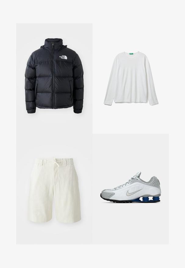 Giacca a vento nera con chiusura a zip, sezioni imbottite, collo alto e logo The North Face in alto a sinistra. Tessuto liscio, senza motivi visibili.; Maglietta a maniche lunghe bianca con scollo rotondo e etichetta verde sul collo, adagiata su uno sfondo bianco.; Shorts beige chiaro realizzati in un morbido tessuto testurizzato. Presentano una cintura elastica con coulisse e una singola tasca anteriore.; Scarpa da corsa Nike bianca e grigia con swoosh argento, unità suola blu a molla e battistrada nero su uno sfondo semplice.