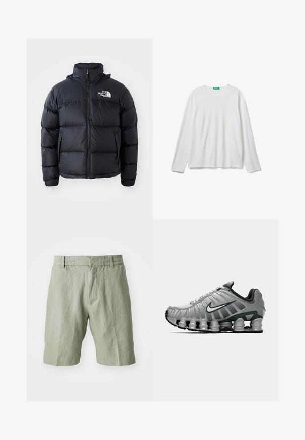 Giacca a vento nera con chiusura a zip, sezioni imbottite, collo alto e logo The North Face in alto a sinistra. Tessuto liscio, senza motivi visibili.; Maglietta a maniche lunghe bianca con scollo rotondo e etichetta verde sul collo, adagiata su uno sfondo bianco.; Shorts in lino verde chiaro con una vestibilità rilassata, vita elasticizzata e due tasche frontali. Texture liscia con un design casual.; Scarpa da corsa Nike grigia e nera con ammortizzazione visibile a molla sotto la suola e logo swoosh bianco di lato.