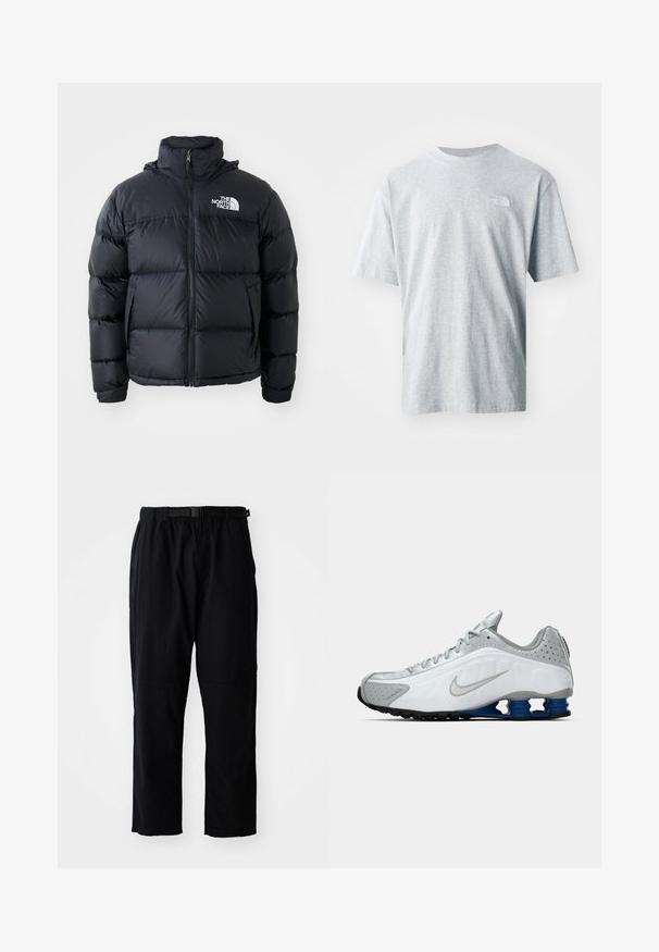 Must must vest, millettajaga, polsterdatud osadega, kõrge kraega ja The North Face logo vasakul ülaosas. Sile tekstuur, ilma nähtavate mustriteta.; Heledhalli puuvillane T-särk lühikeste varrukatega ja ümmarguse kaelusega. Vasakul rinnal on väike valge logo. Sile tekstuur.; Mustad, kergekaalulised püksid sirge lõikega, elastse vöökohaga, reguleeritava vöö ja tugevdustega põlvepiirkonnas. Silma paistvaid mustreid ega aktsente ei ole.; Valge ja hall Nike jooksutoss, millel on hõbedane swoosh, sinised kevadlõksud ja must profiil lihtsal taustal.