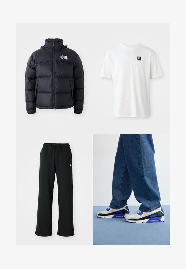 Casaco puffer preto com fecho de correr, secções acolchoadas, gola alta e o logótipo da The North Face no canto superior esquerdo. Textura suave, sem padrões visíveis.; T-shirt branca em algodão com mangas curtas e decote redondo; apresenta um pequeno logótipo retangular preto da Nike Air no lado esquerdo do peito.; Calças de treino pretas feitas de tecido suave, com cintura elástica e cordão ajustável, e um pequeno detalhe de logótipo na lateral.; Sapatilhas com um cabedal em malha branca, acentos em preto e azul, um logótipo dourado e uma sola robusta com amortecimento de ar visível, combinadas com uns jeans azuis.