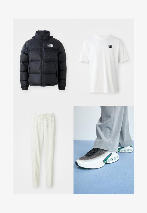 Casaco puffer preto com fecho de correr, secções acolchoadas, gola alta e o logótipo da The North Face no canto superior esquerdo. Textura suave, sem padrões visíveis.; T-shirt branca em algodão com mangas curtas e decote redondo; apresenta um pequeno logótipo retangular preto da Nike Air no lado esquerdo do peito.; Calças jogger slim-fit brancas com cintura elástica e cordão, apresentando detalhes nas costuras laterais e um pequeno patch preto na perna direita.; Sapatilha em preto e branco com detalhes em verde, apresentando um cabedal em malha texturizada, fecho de atacadores e uma sola com amortecimento de ar visível.