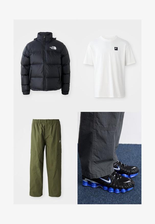 Melna pūkaina jaka ar rāvējslēdzēju, iešūtiem posmiem, augstu apkakli un The North Face logotipu kreisajā augšējā stūrī. Gluda tekstūra, bez redzamām rakstu zīmēm.; Balta kokvilnas T-kreklu ar īsām piedurknēm un apaļu kaklu; tam ir mazs melns taisnstūra Nike Air logos kreisajā krūtī.; Nike krāsu bikses tumši olīvzaļā krāsā, ar elastīgu jostu, divām sānu kabatām un gludu, vieglu audumu.; Melni sporta apavi ar ziliem un sudraba akcentiem, ar teksturētu augšdaļu, drosmīgu zoles dizainu un auklu sistēmu. Novietoti uz zila paklāja.