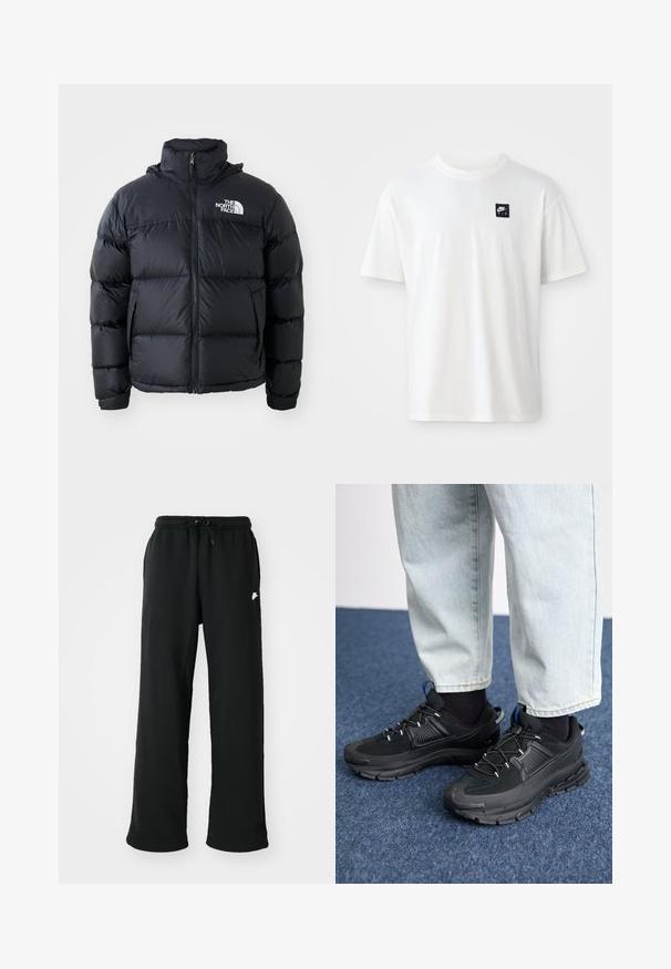 Svart pufferjakke med glidelås, polstrede seksjoner, høy krage og The North Face-logo på øvre venstre side. Glatt tekstur, uten synlige mønstre.; Hvit bomull t-skjorte med korte ermer og rund hals; har en liten svart rektangulær Nike Air-logo på venstre bryst.; Sorte sweatpants laget av myk stoff, med elastisk linning og justerbar snor samt en liten logo aksent på siden.; Svarte sportssko med teksturert stoff og gummisåler, med elastiske lisser og en blå detalj på hælen. Brukt med lyse denimbukser.