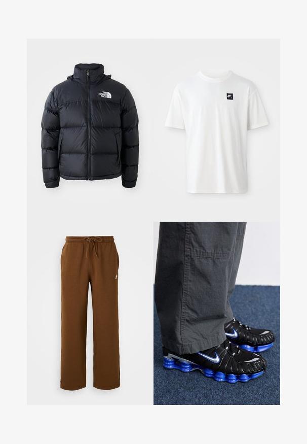 Svart pufferjakke med glidelås, polstrede seksjoner, høy krage og The North Face-logo på øvre venstre side. Glatt tekstur, uten synlige mønstre.; Hvit bomull t-skjorte med korte ermer og rund hals; har en liten svart rektangulær Nike Air-logo på venstre bryst.; Brune joggebukser laget av mykt stoff, med elastisk midjebånd og snor, sidelommer og en hvit logo på venstre side.; Svarte athletic sko med blå og sølv aksenter, med en teksturert overdel, dristig såledesign og snøringssystem. Plassert på et blått teppe.