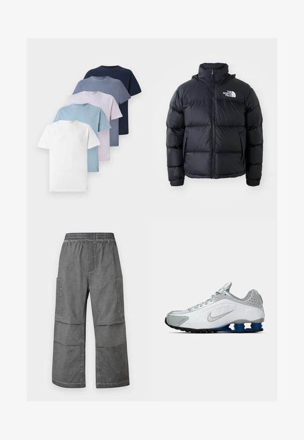 Melna pūkaina jaka ar rāvējslēdzēju, iešūtiem posmiem, augstu apkakli un The North Face logotipu kreisajā augšējā stūrī. Gluda tekstūra, bez redzamām rakstu zīmēm.; Pieci apģērba kreklu ar apaļo kakla izgriezumu dažādās krāsās: balta, gaiši zila, gaiši violeta, tumši zila un tumši zila. Izgatavoti no kokvilnas ar īsām piedurknēm.; Pelēki kravas bikses ar elastīgu jostu, divām sānu kabatām un brīvu, platu kāju dizainu. Audumam ir teksturēta, krokota izskats.; Balti un pelēki Nike skriešanas apavi ar sudraba swoosh, zila atsperīga zole un melna zole uz vienkārša fona.