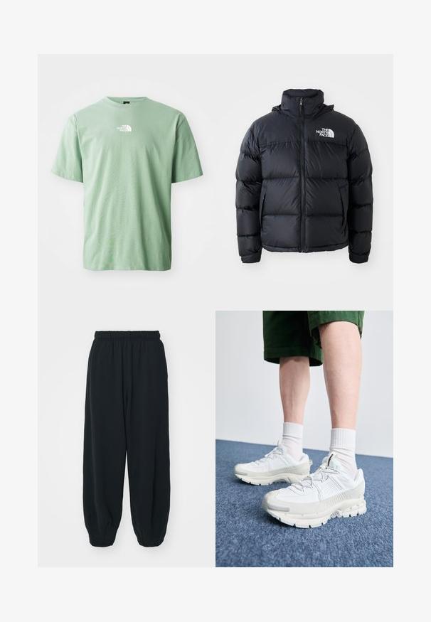 Sort dunjakke med lynlås, polstrede sektioner, høj krave og The North Face-logo på øverste venstre side. Glat tekstur, ingen synlige mønstre.; Lysegrøn bomulds t-shirt med korte ærmer, rund halsudskæring og et lille hvidt logo på brystet. Blød tekstur, afslappet pasform.; Sorte svedbukser med elastisk talje, løs pasform, afsluttede ankler, glat tekstur og uden synlige mønstre eller hardware-detaljer.; Hvide atletiske sko med teksturerede overlays, en chunky sål og grå accenter. Båret med hvide ankelstrømper og grønne shorts på en blå overflade.