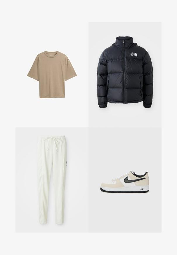 Črna puffy jakna z zadrgo, blazinastimi sekcijami, visokim ovratnikom in logotipom The North Face na zgornji levi strani. Gladka tekstura, brez vidnih vzorcev.; Bež majica s kratkimi rokavi, sproščenega kroja, okroglim ovratnikom in gladko teksturo. Brez vidnih vzorcev ali dodatkov.; Beli ožji jogger hlače s prilagodljivim pasom in vrvico, z bočnimi šivi in majhnim črnim patcheom na desni nogi.; Tenisice z svetlo bež semenom in belim usnjem, črnim Nike znak, črnimi detajli in belim gumijastim podplatom z oznako "AIR".