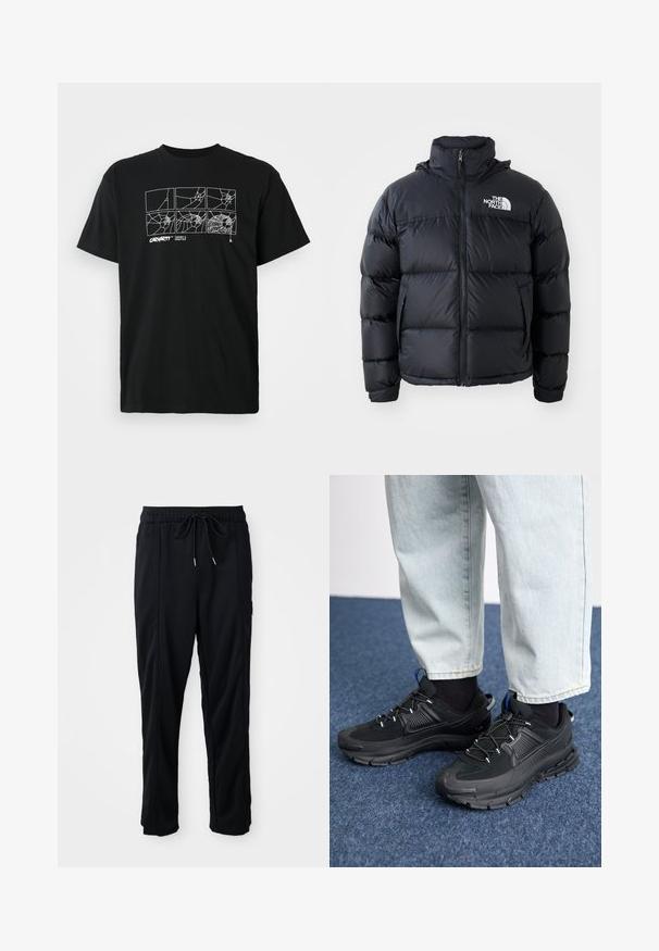 Zwarte pufferjack met ritssluiting, gewatteerde secties, hoge kraag en het North Face-logo op de bovenste linkerzijde. Gladde textuur, geen zichtbare patronen.; Zwart katoenen T-shirt met een grafisch ontwerp van spinnenwebben in witte lijntekeningen op de borst. Korte mouwen en een ronde halsontwerp.; Zwarte casual broek met koord in de taille, met zijzakken en rechte pijpen op een effen achtergrond.; Zwarte sportschoenen met gestructureerde stof en rubberen zolen, met elastische veters en een blauwe accent op de hiel. Draag samen met lichte spijkerbroeken.