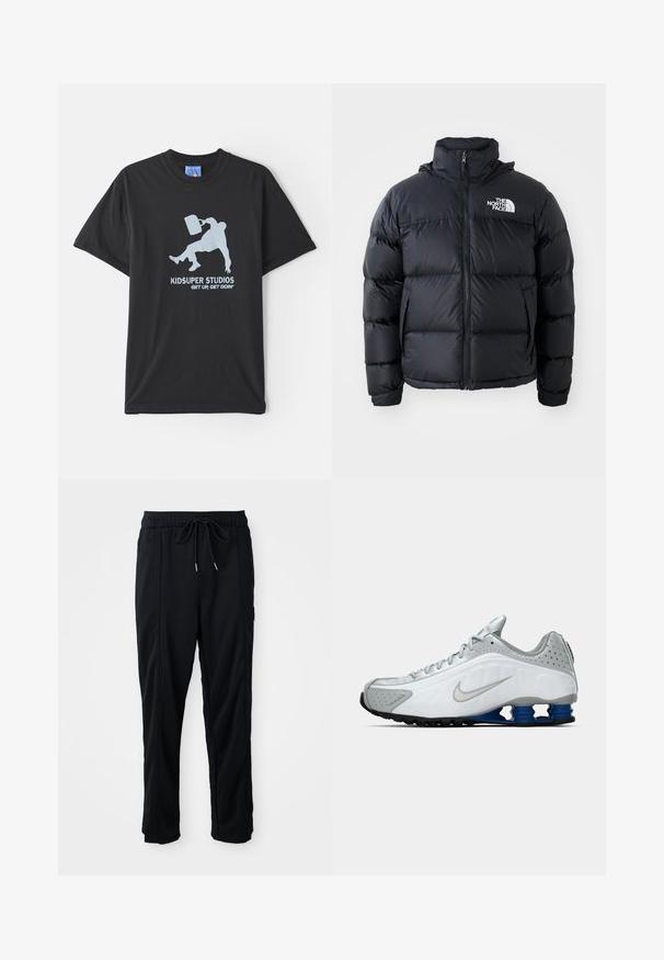 Fekete pufi dzseki cipzárral, párnázott részekkel, magas gallérral és a The North Face logóval a bal felső részen. Sima textúra, látható minták nélkül.; Fekete pamut póló rövid ujjakkal, világoskék grafikával, amelyen egy ember egy aktatáskát tart, valamint a "KIDSUPER STUDIOS GET UP, GET GOIN'" szöveggel.; Fekete húzózsinóros, kényelmes nadrág oldalsó varrású zsebekkel és egyenes szabással, egyszínű háttéren.; Fehér és szürke Nike futócipő ezüst swoosh-sal, kék rugós talprészekkel és fekete talppal egy sima háttér előtt.