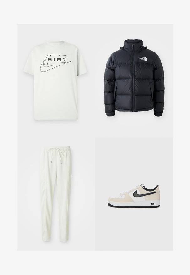 Fekete pufi dzseki cipzárral, párnázott részekkel, magas gallérral és a The North Face logóval a bal felső részen. Sima textúra, látható minták nélkül.; Fehér rövid ujjú póló fekete Nike Air logóval, amelyen az "AIR" szó egy stilizált keretben látható a klasszikus pipa fölött.; Fehér, slim fit szabású sportnadrág, elasztikus derékkal és húzózsinórral, oldalsó varrás részletekkel és egy kis fekete folttal a jobb lábon.; Világos bézs suede és fehér bőr felsőrésszel rendelkező sportcipők, fekete Nike logo, fekete részletek és fehér gumitalp, amelyen "AIR" felirat található.
