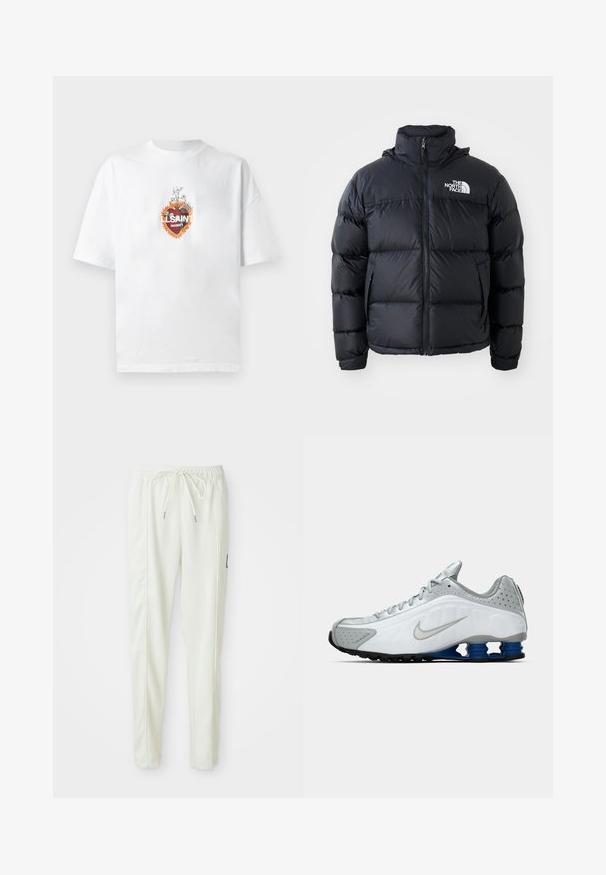 Black puffer jacket with zip closure, padded sections, high collar, and The North Face logo on the upper left. Smooth texture, no visible patterns.; White cotton t-shirt featuring a central graphic design with florals, a heart shape, and text "LSAINT N°01" in bold colors.; White slim-fit jogger pants with elastic waistband and drawstring, featuring side seam detailing and a small black patch on the right leg.; White and gray Nike running shoe with silver swoosh, blue spring-like sole units, and black tread on a plain background.