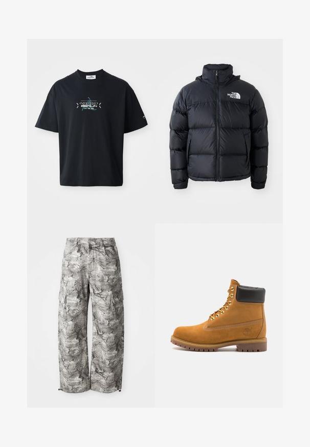 Musta puhvijakku vetoketjulla, pehmustetut osat, korkea kaulus ja The North Face -logo vasemmassa yläkulmassa. Tasainen pinta, ei näkyviä kuvioita.; Mustan puuvillan t-paita, jossa on pyöreä pääntie, ja etuosassa turkoosi graafinen kuvio ja teksti. Lyhyet hihat ja rento leikkaus.; Harsohousut harmaassa camouflage-kuviossa, valmistettu teksturoidsesta kankaasta. Ominaisuuksiin kuuluvat sivutaskut ja elastinen helma hihansuissa.; Valkoinen nahkainen nilkkuri mustalla pehmustetulla kauluksella, kultaisilla metallisilla rei'illä, valkoisella ompeluksella ja jykevällä kumipohjalla, jossa on selvästi näkyvät urat.