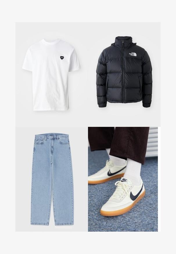 Juodas pūkinis švarkas su užtrauktuku, pagalvotomis dalimis, aukšta apykakle ir "The North Face" logotipu viršutiniame kairiajame kampe. Lygus paviršius, be matomų raštų.; Balta medvilninė marškinėliai trumpomis rankovėmis, su mažu juodu širdelės formos logotipu kairėje krūtinės pusėje. Klasikinio apvalaus kaklo dizainas.; Šviesiai mėlyni džinsai su tiesiomis kojomis, turintys vidutinio aukščio juosmenį, penkias kišenes ir mygtuko bei užtrauktuko uždarymą.; Nike sportbačiai iš baltos odos su tamsiai mėlynu ženkleliu, turintys guminį kreidos pado ir baltus raiščius, derinami su baltomis kojinėmis iki blauzdų ir tamsiomis aksominėmis kelnėmis.