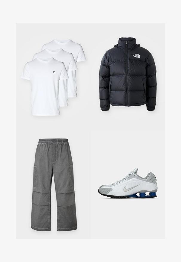 Black puffer jacket with zip closure, padded sections, high collar, and The North Face logo on the upper left. Smooth texture, no visible patterns.; Three white cotton T-shirts with crew necks, featuring a small logo on the left chest. Smooth texture; regular fit.; Gray cargo pants with an elastic waistband, two side pockets, and a relaxed wide-leg design. Fabric has a textured, wrinkled appearance.; White and gray Nike running shoe with silver swoosh, blue spring-like sole units, and black tread on a plain background.