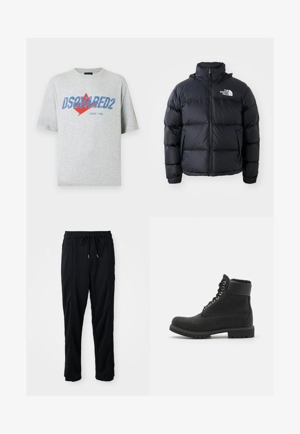 Giacca a vento nera con chiusura a zip, sezioni imbottite, collo alto e logo The North Face in alto a sinistra. Tessuto liscio, senza motivi visibili.; T-shirt grigia a maniche corte in cotone. Presenta un logo blu "DSQUARED2" e un disegno di foglia d'acero rossa. Girocollo con vestibilità comoda.; Pantaloni casual neri con elastico in vita, tasche laterali e taglio dritto su uno sfondo uniforme.; Stivale alla caviglia nero in suede con suola in gomma, dotato di occhielli metallici, lacci e un morbido colletto in finta pelliccia intorno alla parte superiore.