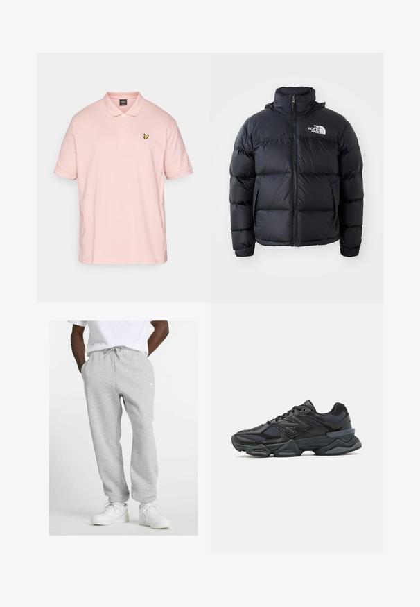 Czarna kurtka puchowa z zamkiem błyskawicznym, wypełnionymi sekcjami, wysokim kołnierzem i logo The North Face na górze po lewej stronie. Gładka faktura, bez widocznych wzorów.; Lyle & Scott - Koszulka polo; Mężczyzna ubrany w jasnoszare dresy z troczkami i białe sneakersy, stojący z rękami w kieszeniach na białym tle.; Czarne buty biegowe z mieszanką siateczki i materiałów syntetycznych, masywną podeszwą, opływowym kształtem oraz wyraźnym brandingiem z boku.
