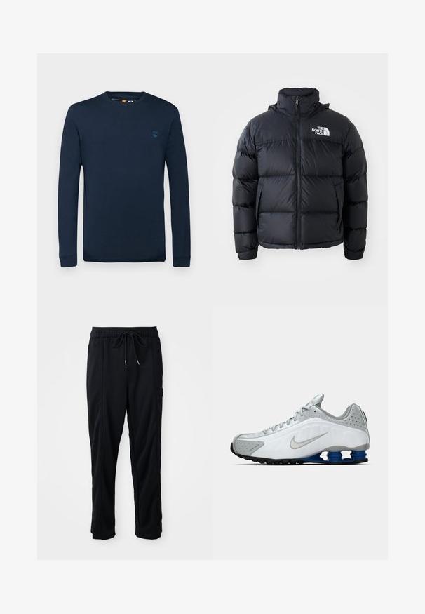 Juodas pūkinis švarkas su užtrauktuku, pagalvotomis dalimis, aukšta apykakle ir "The North Face" logotipu viršutiniame kairiajame kampe. Lygus paviršius, be matomų raštų.; Timberland DUNSTAN RIVER LONG SLEEVE TEE - Ilgarankovis viršutinės dalies drabužis - dark sapphire; Juodos laisvos kelnės su raišteliu liemens, šoninėmis kišenėmis ir tiesiu kirpimu ant vienodos fono.; Balti ir pilki Nike bėgimo batai su sidabriniu šaukiu, mėlynu spyruoklinio tipo pado vienetu ir juodomis padangomis ant vientiso fono.