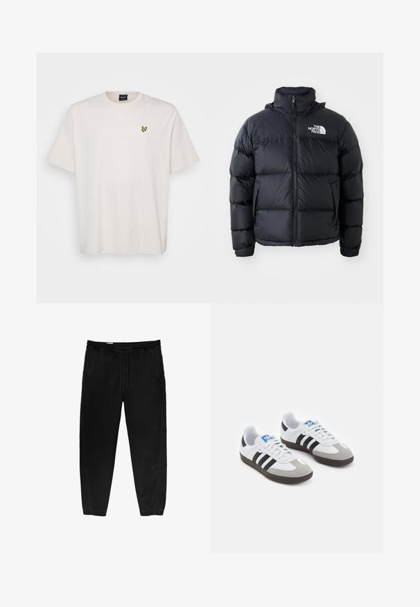 Fekete pufi dzseki cipzárral, párnázott részekkel, magas gallérral és a The North Face logóval a bal felső részen. Sima textúra, látható minták nélkül.; Fehér pamut póló rövid ujjal, a bal mellen egy kis sárga madár logóval. Egyszerű és klasszikus design.; Fekete, rugalmas derékpántos nadrág, zsinóros megkötéssel, tapered lábakkal, oldalsó zsebekkel és diszkrét oldalsó varrási részletekkel. Puha pamut anyagtextúra.; Fehér bőr felsőrészes sportcipő, szürke velúrból készült orral és három fekete csíkkal. Jellemzője a kék logó a nyelvén és egy texturált gumitalp.