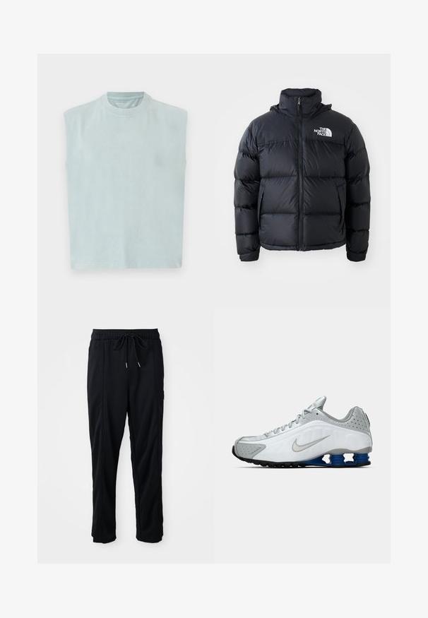 Čierna prešívaná bunda s uzáverom na zips, vypchanými časťami, vysokým golierom a logom The North Face na ľavom hornom rohu. Hladká textúra, bez viditeľných vzorov.; Svetlomodrá tielko bez rukávov s okrúhlym výstrihom, vyrobené z mäkkej látky, s rovnom strihom a minimalistickým dizajnom.; Čierne voľné nohavice na gumičku v páse s bočnými vreckami a rovnými nohavicami na jednoduchom pozadí.; Biele a šedé bežecké tenisky Nike so strieborným swooshom, modrými pružinovými podrážkami a čiernym dezénom na jednofarebnom pozadí.