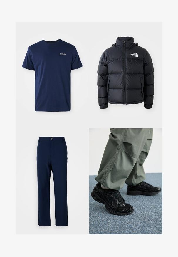 Svart pufferjakke med glidelås, polstrede seksjoner, høy krage og The North Face-logo på øvre venstre side. Glatt tekstur, uten synlige mønstre.; Marineblå bomull t-skjorte med korte ermer og rund hals, med en liten hvit Columbia-logo på venstre bryst. Myk tekstur, klassisk passform.; Marineblå rette bukser med knap- og lynlås lukning, bæltestropper og ingen synlige lommer mod en hvid baggrund.; Svarte sportssko med glossy og mesh teksturer, med en tykk såle og lisser, kombinert med løse olivengrønne cargo-bukser.