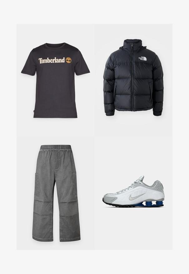 Juodas pūkinis švarkas su užtrauktuku, pagalvotomis dalimis, aukšta apykakle ir "The North Face" logotipu viršutiniame kairiajame kampe. Lygus paviršius, be matomų raštų.; Juodas medvilninis marškinėliai su kremine "Timberland" logotipo ir medžio simboliu priekyje. Trumpomis rankovėmis ir apvalia kaklo išpjova.; Pilkos cargo kelnės su elastingu juosmens diržu, dviem šoninėm kišenėm ir laisvu plačiu kirpimu. Medžiaga turi tekstūruotą, susiraukšlėjusią išvaizdą.; Balti ir pilki Nike bėgimo batai su sidabriniu šaukiu, mėlynu spyruoklinio tipo pado vienetu ir juodomis padangomis ant vientiso fono.