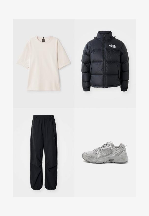 Černá péřová bunda s zipovým uzávěrem, polstrovanými sekcemi, vysokým límcem a logem The North Face na horní levé straně. Hladká textura, bez viditelných vzorů.; Světle béžové tričko vyrobené z měkké bavlny. Má kulatý výstřih, krátké rukávy a uvolněný střih s bočními švy.; Černé lehké cargo kalhoty s elastickým pasem, bočními zipy a prostornými kapsami. Mají volný střih a zúžené manžety.; Stříbrná sportovní obuv s elegantním designem, síťovinovými panely, polstrovaným jazykem, texturovaným syntetickým svrškem a gumovou podrážkou pro ochranu proti skluzu.