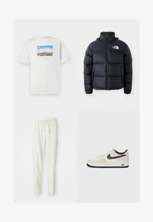 Black puffer jacket with zip closure, padded sections, high collar, and The North Face logo on the upper left. Smooth texture, no visible patterns.; White cotton t-shirt with short sleeves featuring a photographic print of a car wash and handwritten text below the image.; White slim-fit jogger pants with elastic waistband and drawstring, featuring side seam detailing and a small black patch on the right leg.; Sneakers with a light beige suede and white leather upper, black Nike swoosh, black accents, and a white rubber sole featuring "AIR" branding.