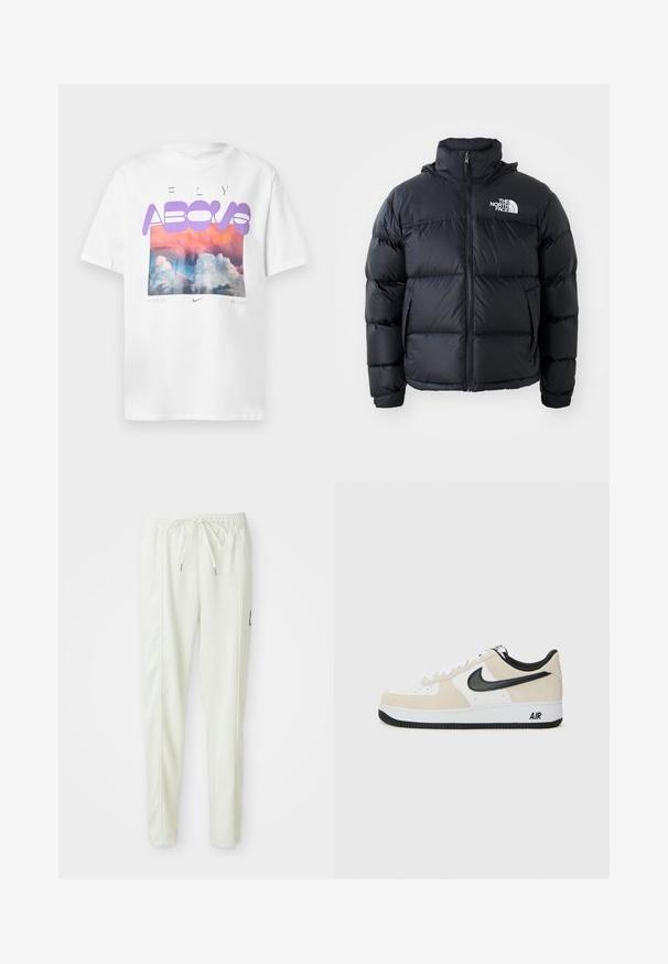 Čierna prešívaná bunda s uzáverom na zips, vypchanými časťami, vysokým golierom a logom The North Face na ľavom hornom rohu. Hladká textúra, bez viditeľných vzorov.; Biele bavlnené tričko s farebnou grafikou oblaku, nápisom „FLY ABOVE“ fialovou farbou a logom Nike pod ním s textom „NEEXISTUJE ŽIADNY LIMIT.“; Biele slim-fit teplákové nohavice s elastickým pásom a šnúrkou, s bočnými švovými detailmi a malou čiernou nášivkou na pravej nohe.; Tenisky s hornou časťou z ľahkej béžovej semišovej kože a bielej kože, čierny Nike swoosh, čierne akcenty a biela gumová podrážka s brandingom "AIR".
