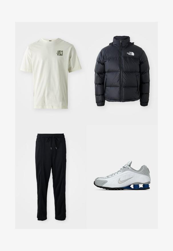 Melna pūkaina jaka ar rāvējslēdzēju, iešūtiem posmiem, augstu apkakli un The North Face logotipu kreisajā augšējā stūrī. Gluda tekstūra, bez redzamām rakstu zīmēm.; Krēmkrāsas kokvilnas t-krekls ar zaļu grafiku uz kreisās krūtis, klasiskā apaļā kakla izgriezuma un īsām piedurknēm.; Melnas bikses ar aukliņu jostas vietā, ar sānu kabatām un taisnu kāju griezumu uz vienkrāsaina fona.; Balti un pelēki Nike skriešanas apavi ar sudraba swoosh, zila atsperīga zole un melna zole uz vienkārša fona.