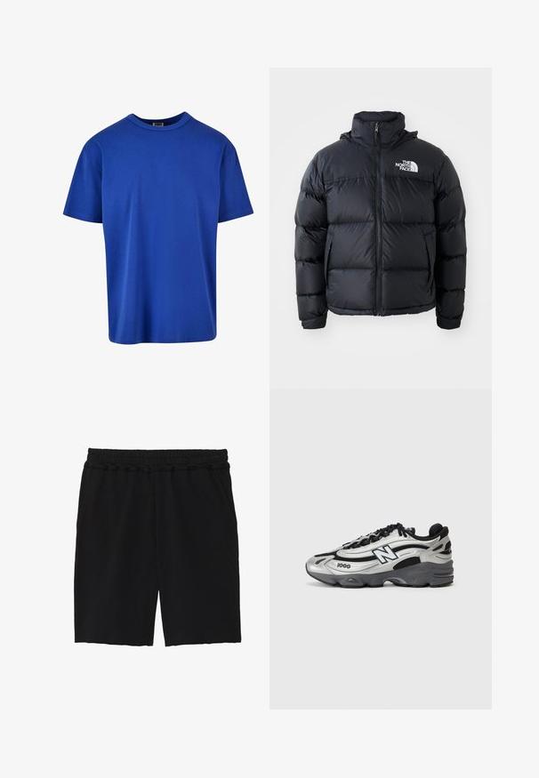 Juodas pūkinis švarkas su užtrauktuku, pagalvotomis dalimis, aukšta apykakle ir "The North Face" logotipu viršutiniame kairiajame kampe. Lygus paviršius, be matomų raštų.; Karališkai mėlynas medvilninis marškinėliai su apvalia iškirpte ir trumpomis rankovėmis. Lygus paviršius, laisvas siluetas, be matomų raštų ar logotipų.; Juodos medvilnės šortai su elastinga juosmena, dviem šoninėmis kišenėmis, laisvu siluetu ir neapdirbtais kraštais, suteikiančiais atsitiktinį įvaizdį.; Sidabrinės ir juodos sportinės bateliai su tinkliniu viršumi, paminkštintu padu, raištelių užsegimu ir šoniniu logotipu.