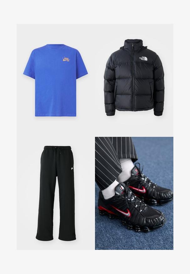Juodas pūkinis švarkas su užtrauktuku, pagalvotomis dalimis, aukšta apykakle ir "The North Face" logotipu viršutiniame kairiajame kampe. Lygus paviršius, be matomų raštų.; Mėlynas medvilnės marškinėliai su apvaliu kaklu ir trumpomis rankovėmis. Krūtinėje yra mažas oranžinis Nike SB logotipas. Lygus paviršius.; Juodos sportinės kelnės, pagamintos iš minkštos medžiagos, su elastingu juosmeniu ir reguliuojamu raišteliu bei mažą logotipo detalę šone.; Juodi sportiniai bateliai su raudonais ir sidabriniais akcentais, tinkline ir tekstūruota sintetine medžiaga, raišteliais rišama konstrukcija ir matoma amortizuojanti padanga.