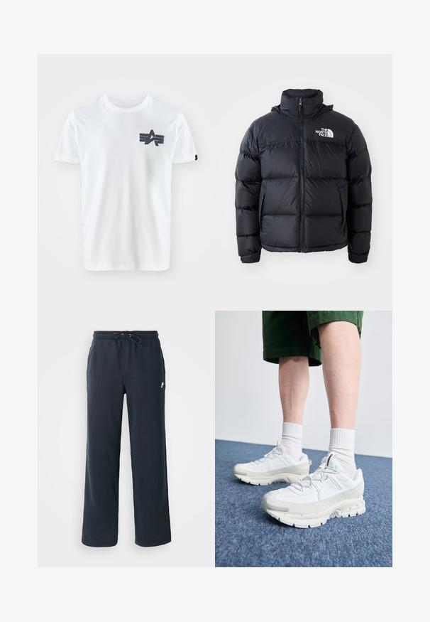 Melna pūkaina jaka ar rāvējslēdzēju, iešūtiem posmiem, augstu apkakli un The North Face logotipu kreisajā augšējā stūrī. Gluda tekstūra, bez redzamām rakstu zīmēm.; Balts kokvilnas T-krekls ar apaļu kaklu un īsām piedurknēm, dekorēts ar tumši zilu izšuvumu un trim horizontālām svītrām krūšu zonā.; Tumši zilie sporta bikses ar elastīgu jostasvietu un auklu. Izgatavotas no mīkstas auduma, ar nelielu baltu logotipu kreisajā gurnā.; Baltas sporta apavi ar teksturētām detaļām, masīvu zoli un pelēkiem akcentiem. Valkāti ar baltiem zeķu pēdu apģērbiem un zaļām šortiem uz zilas virsmas.