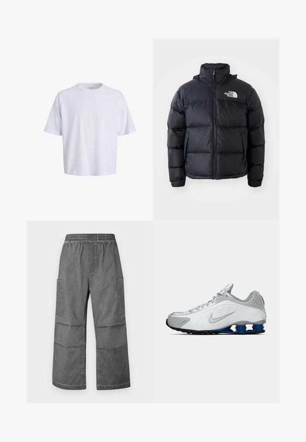 Must must vest, millettajaga, polsterdatud osadega, kõrge kraega ja The North Face logo vasakul ülaosas. Sile tekstuur, ilma nähtavate mustriteta.; Valge puuvillane t-särk ümarate kaelustega, lühikeste varrukatega ja mugava lõikega. Sile tekstuur ja minimalistlik disain, ilma nähtavate mustrite või aktsentideta.; Hallid hallid cargo püksid elastse vöökoha, kahe küljetasku ja lõdva laia jala disainiga. Kangas on tekstuuriga ja kortsuline.; Valge ja hall Nike jooksutoss, millel on hõbedane swoosh, sinised kevadlõksud ja must profiil lihtsal taustal.