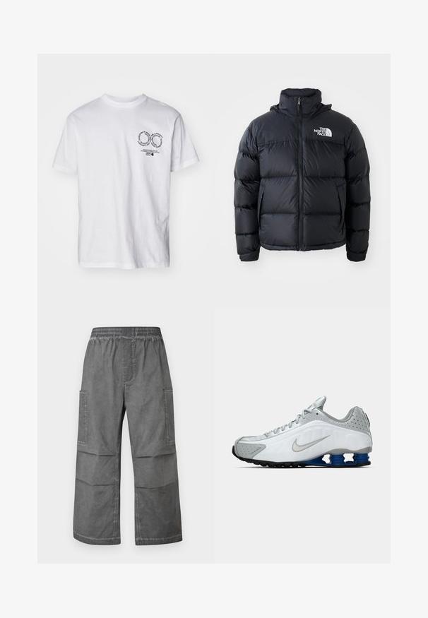 Must must vest, millettajaga, polsterdatud osadega, kõrge kraega ja The North Face logo vasakul ülaosas. Sile tekstuur, ilma nähtavate mustriteta.; Valge puuvillane T-särk ümarate krae, lühikeste varrukate ja vasakul rinnaosal prinditud ringikujulise graafikaga, millel on tekst.; Hallid hallid cargo püksid elastse vöökoha, kahe küljetasku ja lõdva laia jala disainiga. Kangas on tekstuuriga ja kortsuline.; Valge ja hall Nike jooksutoss, millel on hõbedane swoosh, sinised kevadlõksud ja must profiil lihtsal taustal.