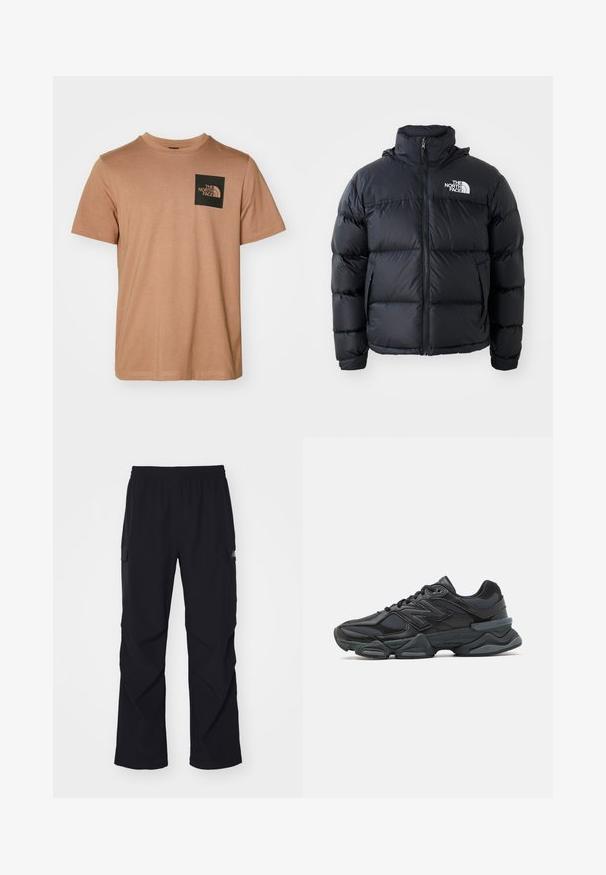 Juodas pūkinis švarkas su užtrauktuku, pagalvotomis dalimis, aukšta apykakle ir "The North Face" logotipu viršutiniame kairiajame kampe. Lygus paviršius, be matomų raštų.; Ruda medvilninė marškinėliai trumpomis rankovėmis su apvalia iškirpte. Priedai: juodas kvadratinis kišenė su balta prekės ženklo logotipu ir išlenktu grafiniu elementu.; Juodos krovinių kelnės, pagamintos iš lengvo audinio, su elastinga juostos dalimi, šoninėmis kišenėmis ir tiesių kojų dizainu.; Juodas bėgimo batelis, pagamintas iš tinklinės ir sintetinės medžiagos, turintis stambų pado dizainą, kreivą formą ir ryškią prekės ženklą šone.