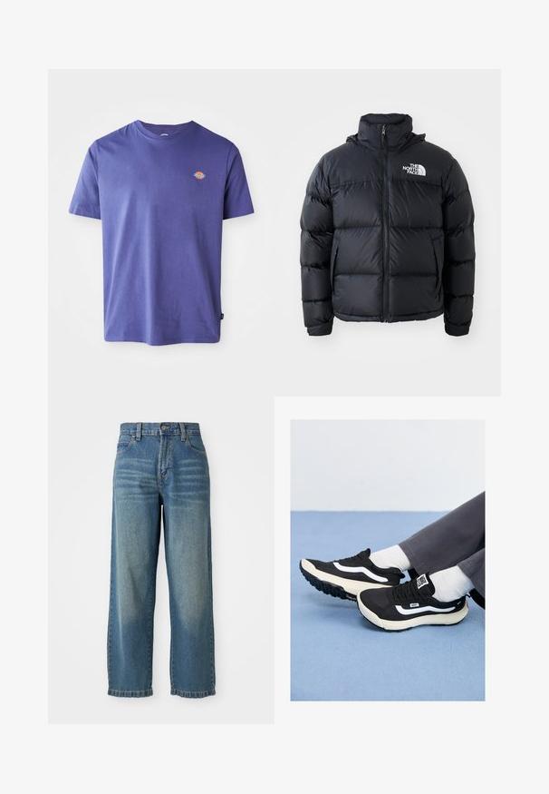 Black puffer jacket with zip closure, padded sections, high collar, and The North Face logo on the upper left. Smooth texture, no visible patterns.; Purple cotton t-shirt with a crew neck and short sleeves. Features a small logo on the chest. Smooth texture, casual fit.; Light blue denim wide-leg jeans with a high waist, five pockets, and a slightly faded finish. Features a button and zipper closure.; Black sneakers with white accents, mesh and rubber materials, featuring a textured sole and heel tab. Worn with white socks and gray pants.