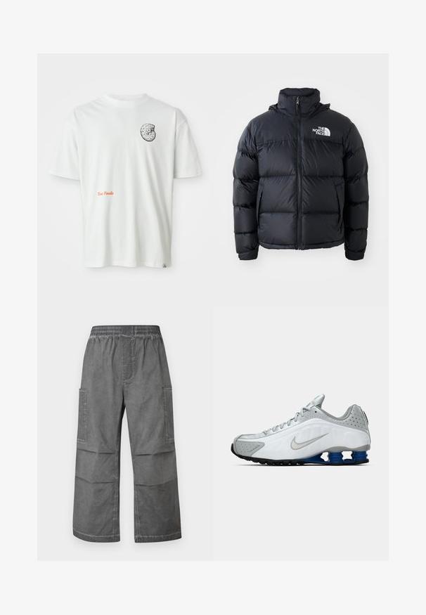 Melna pūkaina jaka ar rāvējslēdzēju, iešūtiem posmiem, augstu apkakli un The North Face logotipu kreisajā augšējā stūrī. Gluda tekstūra, bez redzamām rakstu zīmēm.; Balts īsām piedurknēm t-krekls ar melnbaltu abstraktā fosiliju dizainu kreisajā krūtīs un oranžiem uzrakstiem "Texas Fossils" priekšā.; Pelēki kravas bikses ar elastīgu jostu, divām sānu kabatām un brīvu, platu kāju dizainu. Audumam ir teksturēta, krokota izskats.; Balti un pelēki Nike skriešanas apavi ar sudraba swoosh, zila atsperīga zole un melna zole uz vienkārša fona.