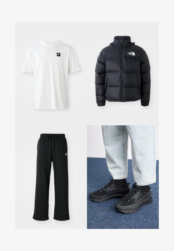 Casaco puffer preto com fecho de correr, secções acolchoadas, gola alta e o logótipo da The North Face no canto superior esquerdo. Textura suave, sem padrões visíveis.; T-shirt branca em algodão com mangas curtas e decote redondo; apresenta um pequeno logótipo retangular preto da Nike Air no lado esquerdo do peito.; Calças de treino pretas feitas de tecido suave, com cintura elástica e cordão ajustável, e um pequeno detalhe de logótipo na lateral.; Sapatilhas desportivas pretas com tecido texturizado e solas em borracha, apresentando atacadores elásticos e um detalhe azul no calcanhar. Usadas com calças de ganga claras.