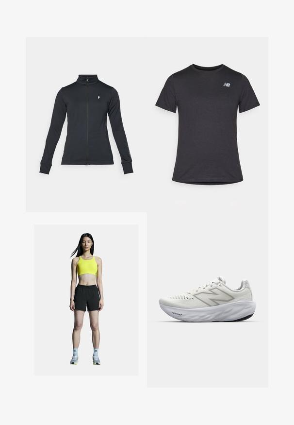 Zwarte zip-up jas gemaakt van zacht materiaal, met een hoge kraag, lange mouwen en zijsstripes. Logo op de linkerkant van de borst.; Zwarte korte mouwen t-shirt van zacht materiaal, met een klein grijs New Balance-logo op de bovenste linkerborst, klassieke ronde hals ontwerp.; Geel sportbeha met een cropped ontwerp, gecombineerd met zwarte sportshorts. Heeft grijze schoenen met gele accenten en lichtblauwe sokken.; Witte sportschoenen met een bovenwerk van mesh, voorzien van een gevoerde kraag, een gestructureerde zool en de merknaam "Fresh Foam" op de tussenzool.