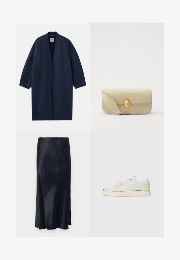 Manteau long bleu marine avec une coupe ample, des manches larges, un décolleté en V et deux poches avant. Fabriqué en tissu lisse et texturé.; Chemise blanche à manches longues avec un col boutonné, texture lisse, coupe droite et patte de boutonnage cachée. Tissu doux et léger sans motifs.; Jupe bleu marine de mi-longueur avec une texture lisse, un léger éclat et une fente sur le côté pour faciliter le mouvement. Présente un design minimaliste.; Baskets basses blanc cassé avec un système de laçage, doublure intérieure blanche et un liseré multicolore subtil le long du bord de la semelle, vue de côté.; Sac à main en cuir beige avec une texture lisse, de forme rectangulaire et un fermoir ovale doré. Il dispose d'une longue bandoulière réglable.