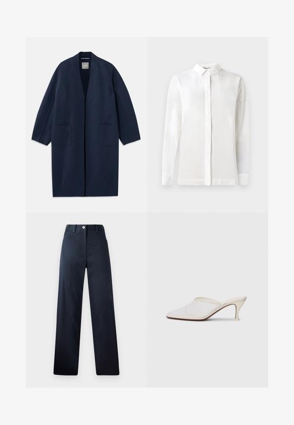 Manteau long bleu marine avec une coupe ample, des manches larges, un décolleté en V et deux poches avant. Fabriqué en tissu lisse et texturé.; Chemise blanche à manches longues avec un col boutonné, texture lisse, coupe droite et patte de boutonnage cachée. Tissu doux et léger sans motifs.; Pantalon bleu marine foncé avec une coupe droite, fabriqué en tissu lisse. Comprend des poches avant, une fermeture à bouton et des détails de couture subtils.; Mule blanches en mesh avec un bout pointu, un talon moyen élancé et un design à enfiler, sur un fond uni.