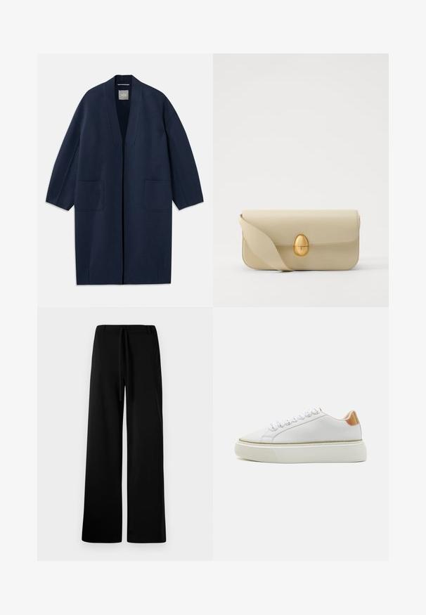 Tumesinine pikk jakk, millel on lahtine lõige, laiad varrukad, V-kaelus ja kaks esikot. Valmistatud siledast, tekstuuriga kangast.; Valge pika varrukaga särk nupulisoe kraega, sileda tekstuuri, sirge lõike ja peidetud nööpide rida. Pehme, kerge kangas ilma mustriteta.; Laiad mustad püksid, mis on valmistatud pehmest kangast, kummipaelaga vira, sileda tekstuuriga ning ilma nähtavate taskute või mustriteta.; Valged tenisekingad, millel on siledast nahast ülemine osa, tekstureeritud kummist põhi, ümar varvas ja peegeldav detail kontsapoolses osas.; Beež nahast käekott, millel on sile tekstuur, ristküliku kujuline ja kuldne ovaalne lukustus. Omab pikka, reguleeritavat rihma.