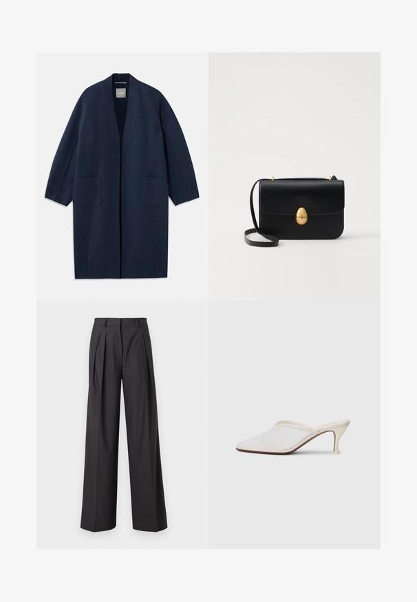 Námornícky modrý dlhý kabát s voľným strihom, širokými rukávmi, V-výstrihom a dvoma prednými vreckami. Vyrobený z hladkej, štruktúrovanej tkaniny.; Biela košeľa s dlhým rukávom a gombíkovým golierom, hladká textúra, rovný strih a skrytá léga. Mäkko, ľahký materiál bez vzorov.; Široké nohavice v tmavosivej látke, s prednými záhybmi, hladkou textúrou, stredne vysokým pásom a pútkami na opasok.; Biele sieťované lodičky s špicatou špičkou, s úzkym stredne vysokým podpätkom a bez zapínania, na jednobodovom pozadí.; Čierna kožená kabelka so štruktúrovaným obdĺžnikovým tvarom. Obsahuje zlaté oválne zapínanie a tenký ramenný popruh. Hladká textura.