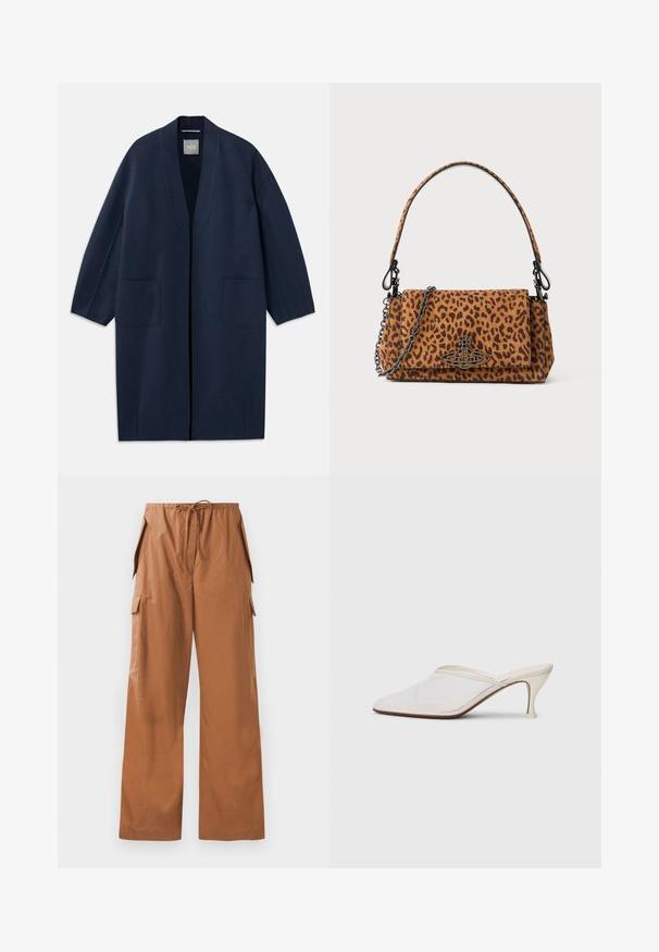 Jūras zila garā mēteli ar brīvu piegriezumu, plašiem piedurknēm, V veida kakla izgriezumu un divām priekšējām kabatām. Izgatavots no gludas, teksturētas auduma.; Balts garais piedurkņu krekls ar pogātu apkakli, gluda tekstūra, taisna piegriezuma un slēptu pogu aizdari. Mīksts, viegls audums bez rakstiem.; Brūnas plats kājās cargo bikses, izgatavotas no viegla auduma, ar elastīgu jostasvīru un auklu, kā arī sānu kabatām.; Baltas austs punka purngals mūlis ar šauru vidēji augstu papēdi un uzvelkamu dizainu uz vienkārša fona.; Leoparda raksta roka somiņa, izgatavota no zamšādas, ar īsu rokturi, ķēdes siksnu un melnu metāla aizdari. Taisnstūra forma ar pārklājuma aizdari.